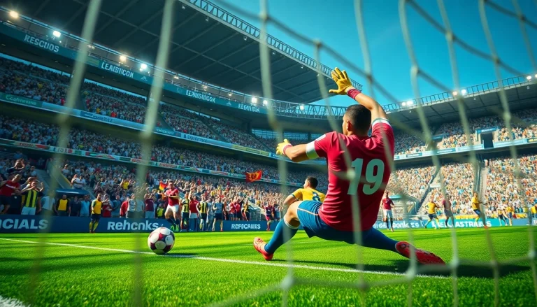 Celebrate the excitement of ผลบอลพรีเมียร์ลีก as a goalkeeper dives to save a crucial shot during a game.