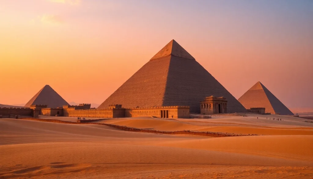 Explore the majestic piraminds illuminated at sunset in a vast desert landscape.