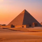 Explore the majestic piraminds illuminated at sunset in a vast desert landscape.