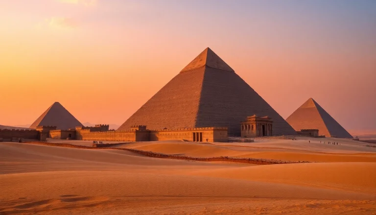 Explore the majestic piraminds illuminated at sunset in a vast desert landscape.