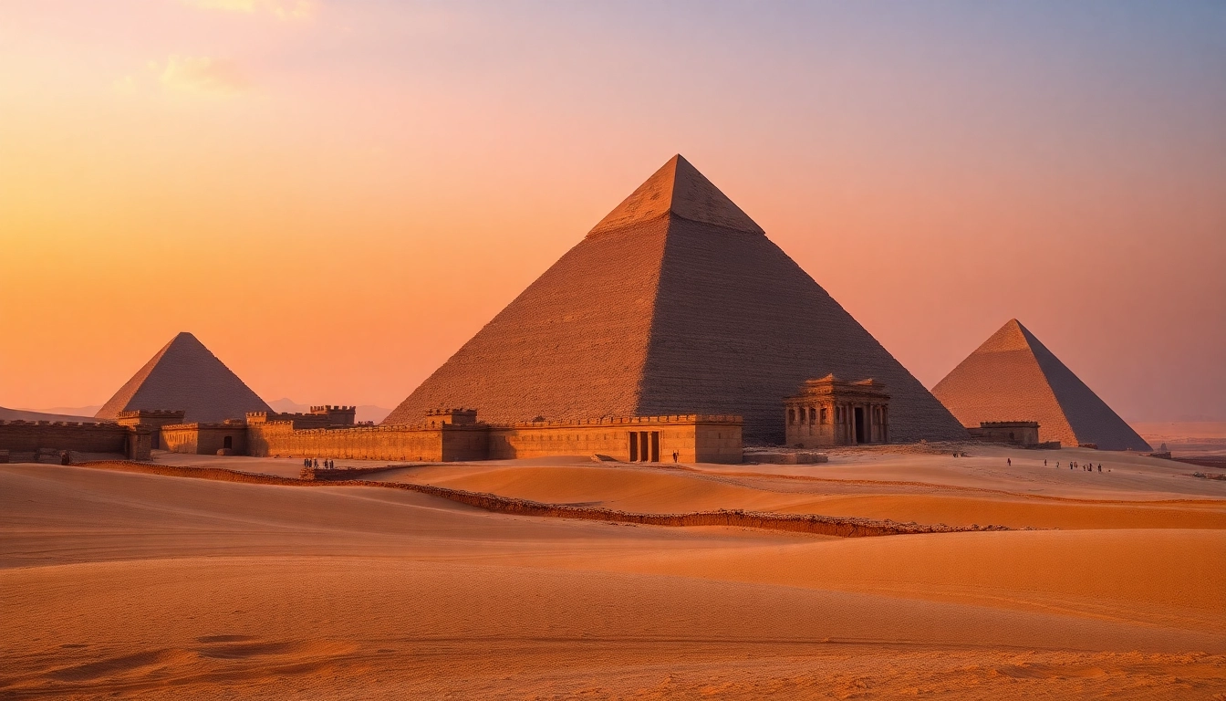 Explore the majestic piraminds illuminated at sunset in a vast desert landscape.