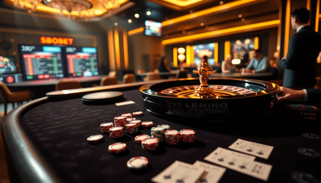 Sbobet gaming interface featuring roulette and poker elements, showcasing thrilling online gambling experience.