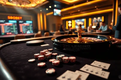 Sbobet gaming interface featuring roulette and poker elements, showcasing thrilling online gambling experience.