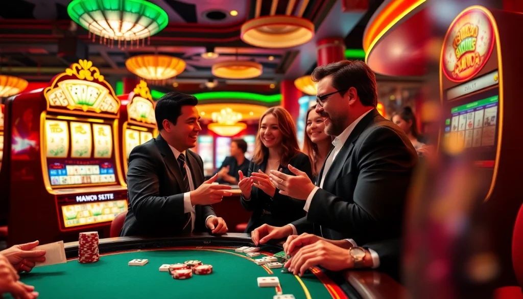 Engage with slot demo mahjong in a vibrant casino scene featuring joyful players at slot machines.