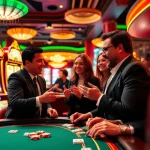 Engage with slot demo mahjong in a vibrant casino scene featuring joyful players at slot machines.