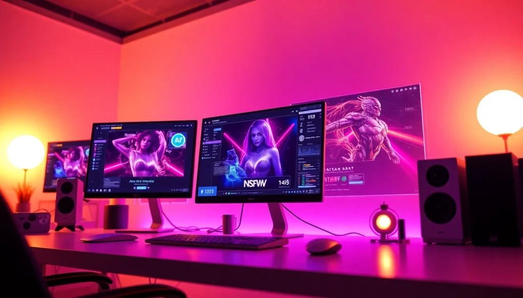 Innovative digital workspace showcasing AI NSFW technology with vibrant screens and futuristic elements.