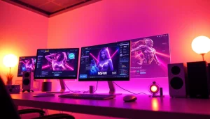 Innovative digital workspace showcasing AI NSFW technology with vibrant screens and futuristic elements.