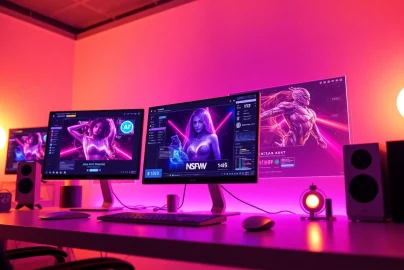 Innovative digital workspace showcasing AI NSFW technology with vibrant screens and futuristic elements.