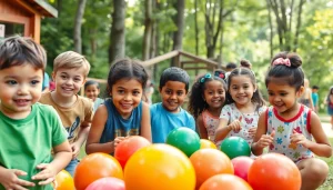 Holiday camps inspire children playing actively in a colorful and diverse camp environment.