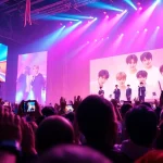 BTS news highlights an energetic concert scene with vibrant colors and enthusiastic fans.