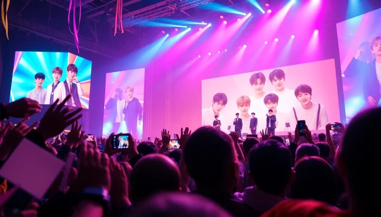 BTS news highlights an energetic concert scene with vibrant colors and enthusiastic fans.