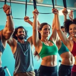 Engaging fitness scene showcasing stretch bands for pull-ups with diverse participants.