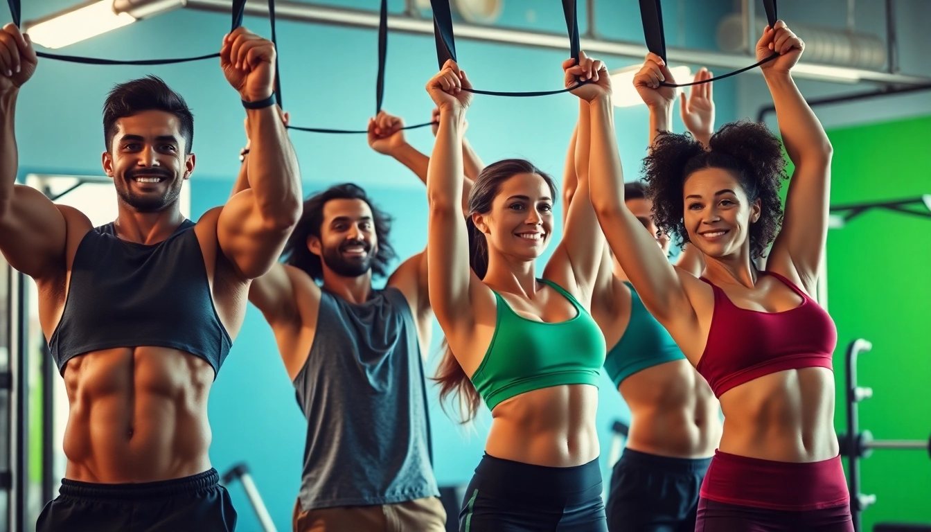Engaging fitness scene showcasing stretch bands for pull-ups with diverse participants.