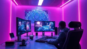 Innovative workspace demonstrating NSFW AI technology with glowing displays.