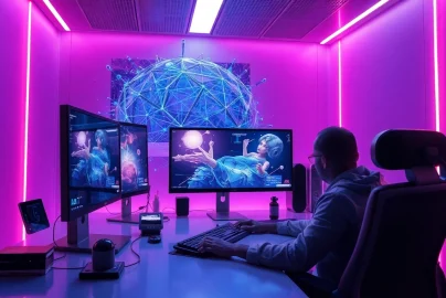 Innovative workspace demonstrating NSFW AI technology with glowing displays.