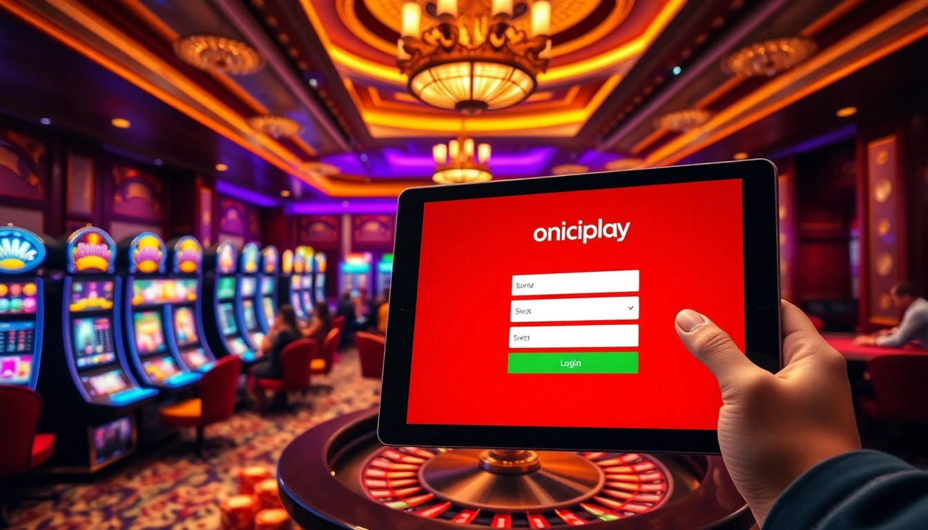 Engaging players at a casino table and showcasing an onicplay login interface for online gambling.
