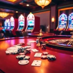 I9bet showcases an exciting casino atmosphere featuring a roulette wheel, poker chips, and glowing slot machines.