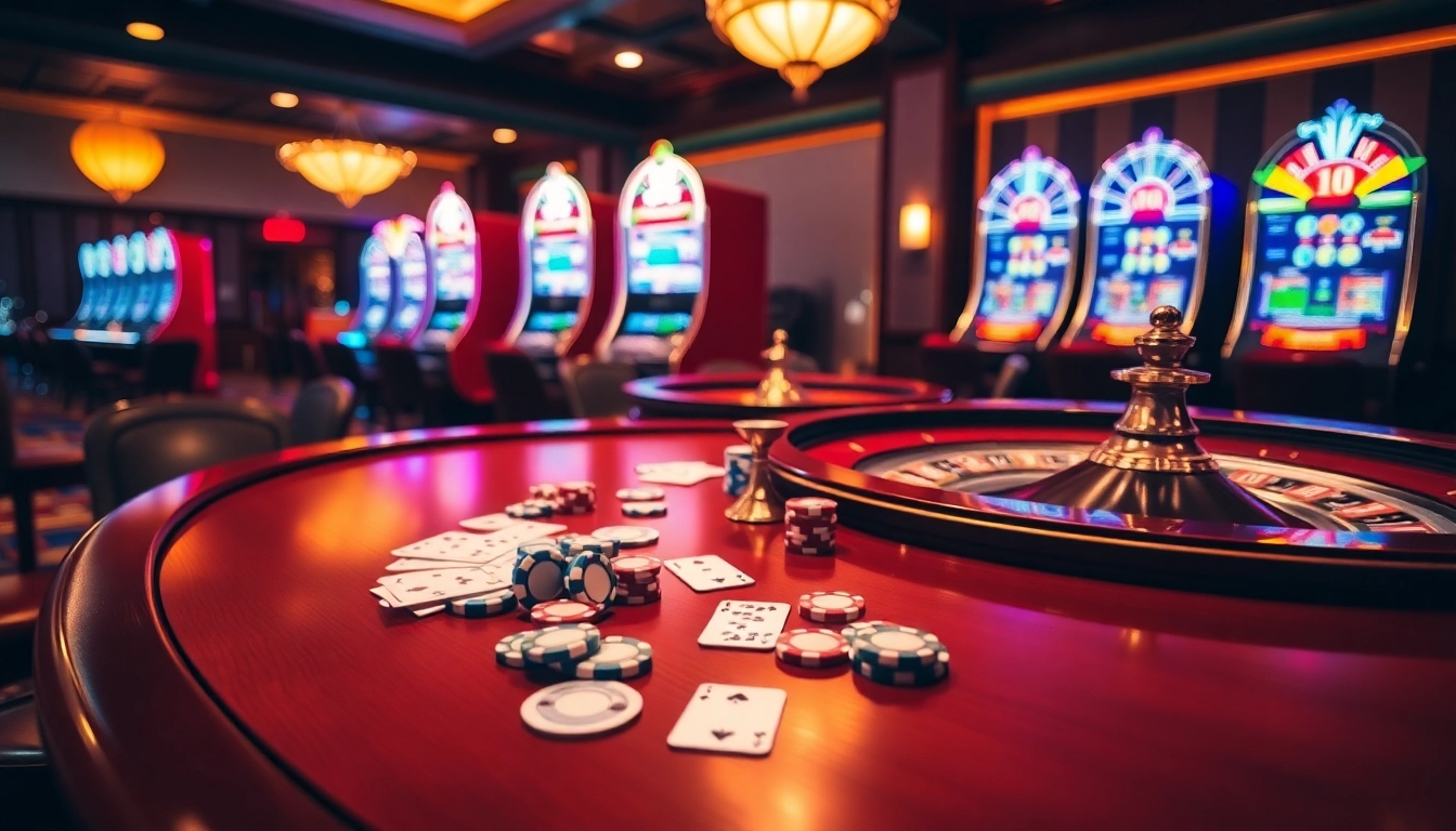 I9bet showcases an exciting casino atmosphere featuring a roulette wheel, poker chips, and glowing slot machines.