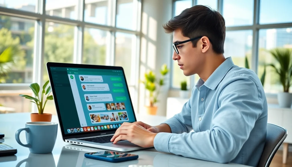 年轻人在现代办公室使用 WhatsApp Web，展现充满活力的沟通。