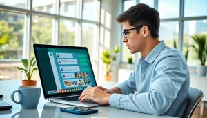 年轻人在现代办公室使用 WhatsApp Web，展现充满活力的沟通。