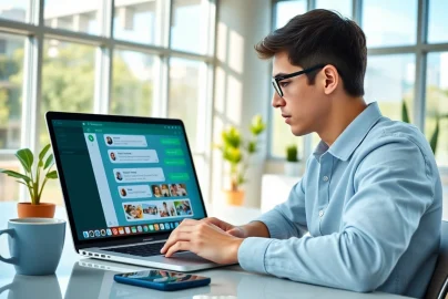 年轻人在现代办公室使用 WhatsApp Web，展现充满活力的沟通。