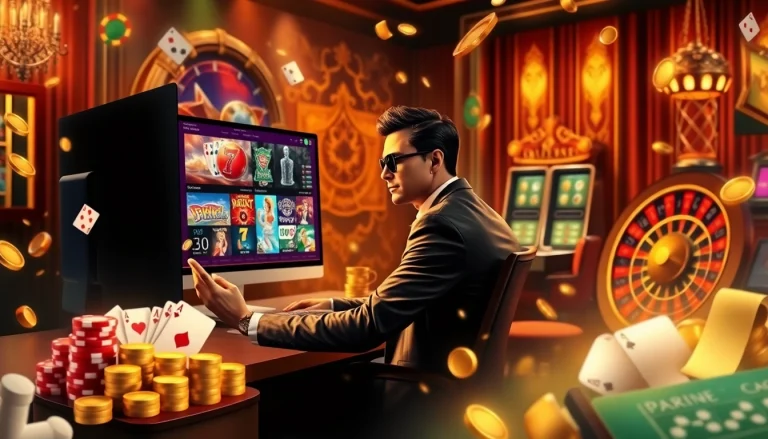 Vivez le frisson d'un casino en ligne fiable avec une scène de jeu en ligne dynamique comprenant des cartes et des machines à sous.