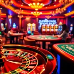 Scène captivante d'un casino en ligne fiable avec une roue de roulette, des tables de poker et des machines à sous vibrantes.