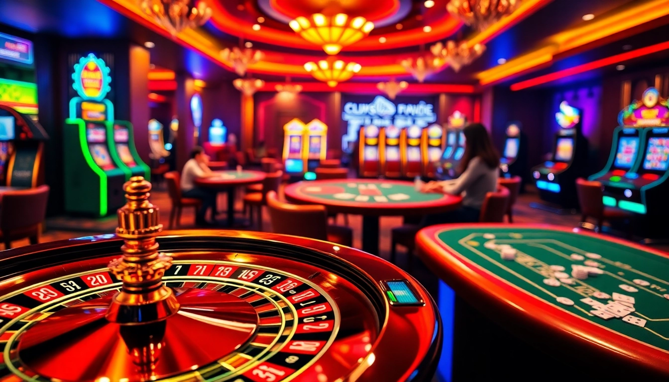 Scène captivante d'un casino en ligne fiable avec une roue de roulette, des tables de poker et des machines à sous vibrantes.
