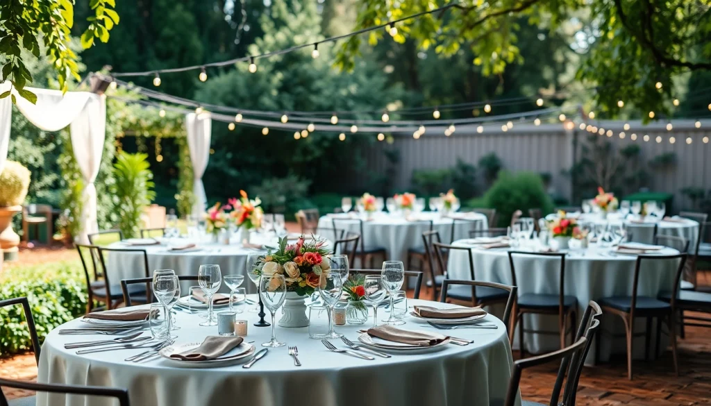 Elegant table rentals set in a beautifully arranged outdoor event.