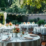 Elegant table rentals set in a beautifully arranged outdoor event.
