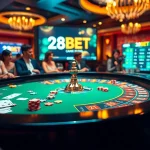 Experience the thrill of gaming at 28BET's vibrant casino table with poker chips and cards.