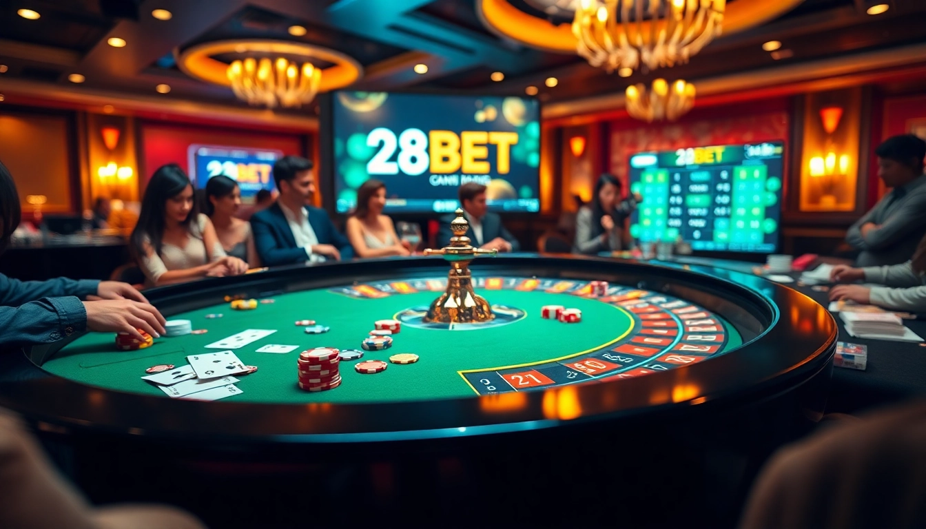 Experience the thrill of gaming at 28BET's vibrant casino table with poker chips and cards.