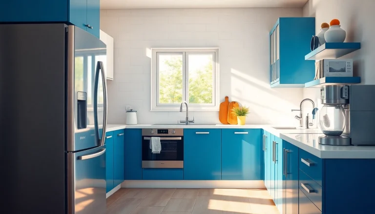 Showcasing diverse home appliances in a modern kitchen with natural lighting.