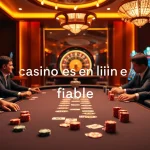 Joueurs engagés en train de réfléchir à une stratégie à une table dans un casino en ligne fiable avec des jetons de poker et des cartes vibrants.