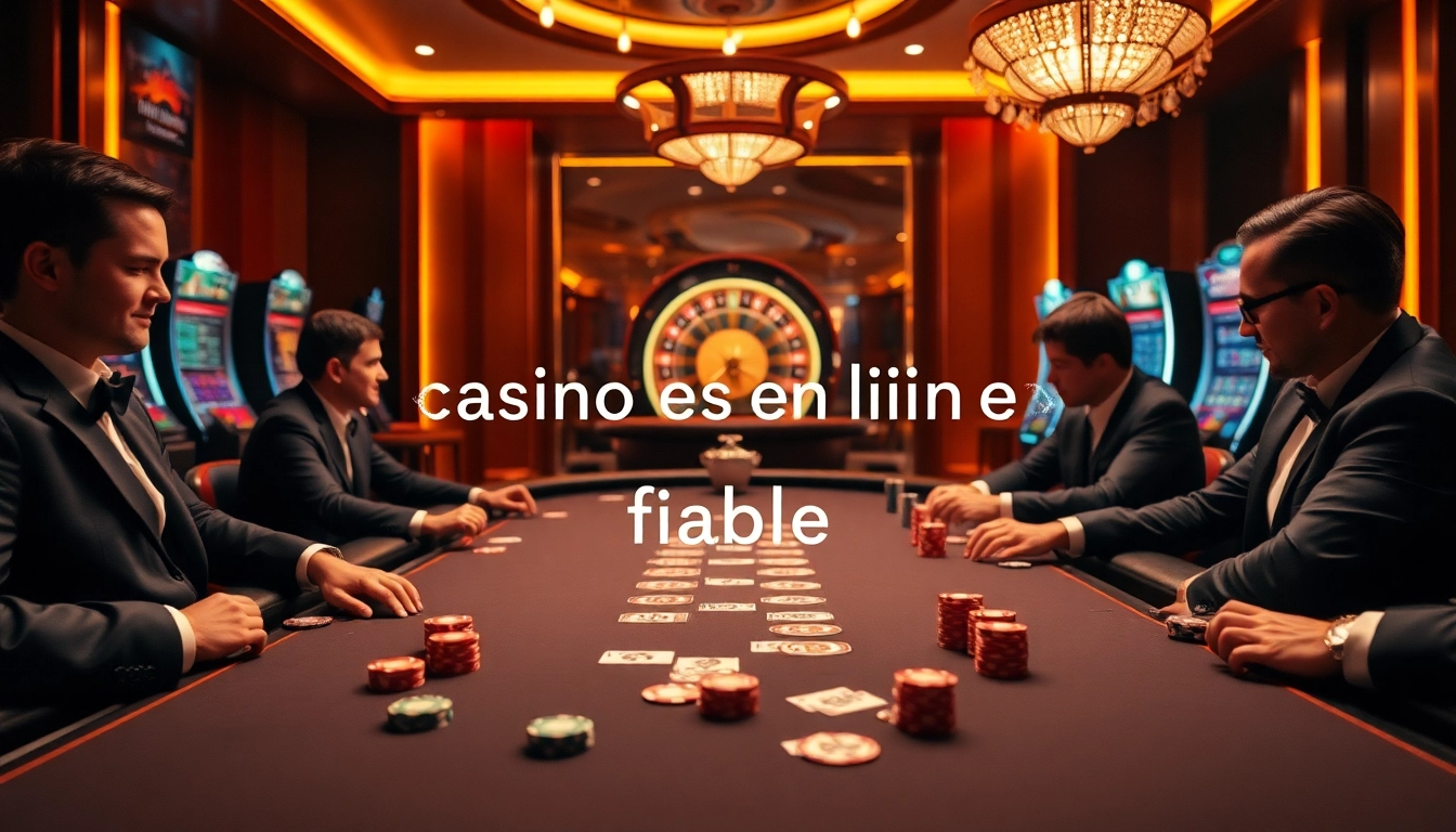 Joueurs engagés en train de réfléchir à une stratégie à une table dans un casino en ligne fiable avec des jetons de poker et des cartes vibrants.