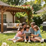 Engaged family using a custom pergola configurator outdoors, surrounded by a beautiful garden.