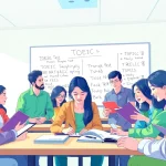 Group of TOEIC test takers for hire collaborating over study materials in a bright study room.