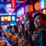 활기찬 제주도유흥의 노래방 장면으로, 생기 넘치는 손님들이 노래를 부르며 밤을 즐기고 있습니다.