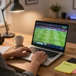 Engaged viewer using Cakhia TV on laptop for live sports betting, showcasing excitement in a cozy home setup.