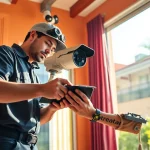 Cámaras de seguridad en Liberia: instalación profesional de cámaras de seguridad en una casa moderna por un técnico cualificado.