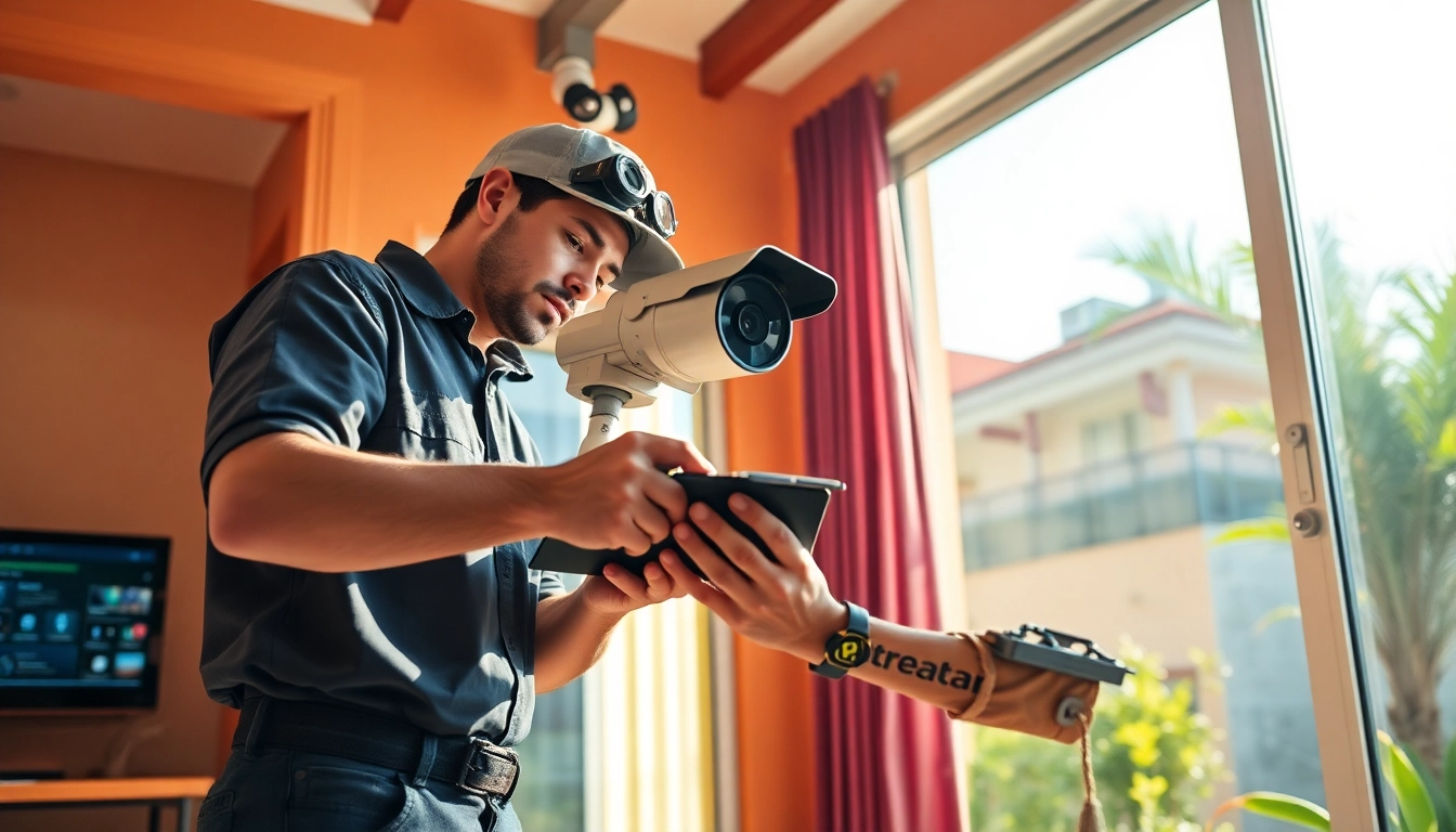 Cámaras de seguridad en Liberia: instalación profesional de cámaras de seguridad en una casa moderna por un técnico cualificado.
