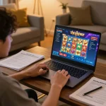 Engaging in สล็อต online gaming from a cozy living room, player analyzing strategies.