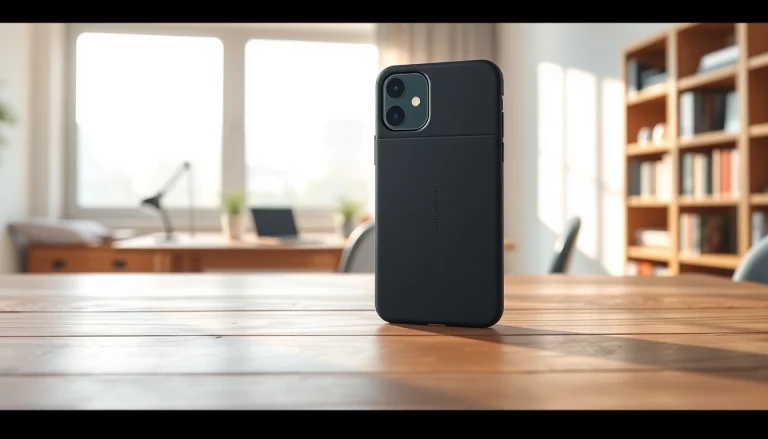 Handytasche Magnetverschluss auf dem Tisch in einem modernen Home-Office-Setup.