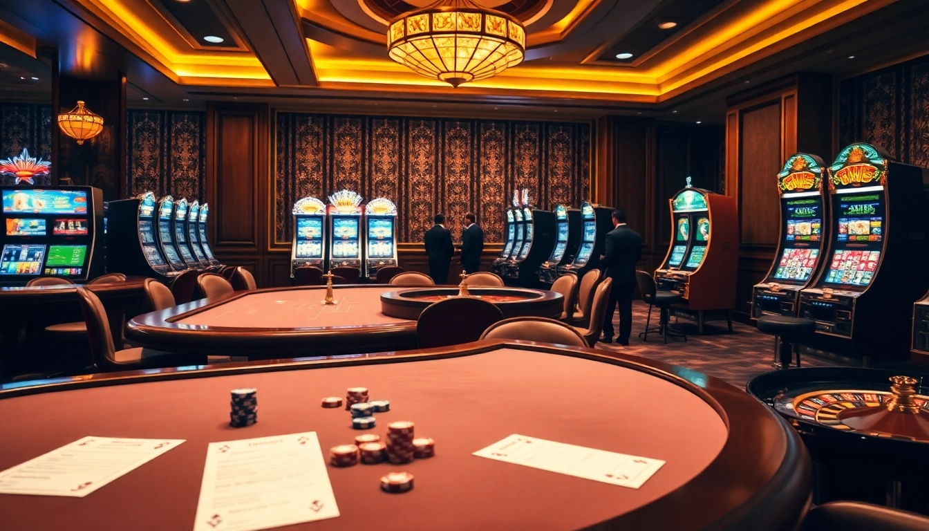 Une scène de casino animée mettant en avant des expériences de jeu fiables avec des tables et des machines à sous colorées. casino en ligne fiable