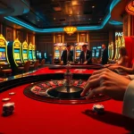 Un aperçu d'une scène de casino captivante mettant en avant le casino en ligne fiable avec des joueurs à la roulette et aux machines à sous.
