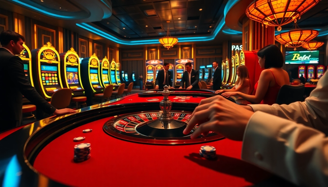 Un aperçu d'une scène de casino captivante mettant en avant le casino en ligne fiable avec des joueurs à la roulette et aux machines à sous.