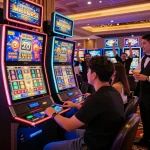 Suasana kasino yang menarik menampilkan pemain yang terlibat dengan mesin link slot yang penuh warna di tengah sorakan teman-teman.