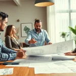 Residential architects for home renovation collaborating in a design meeting with materials spread on the table.