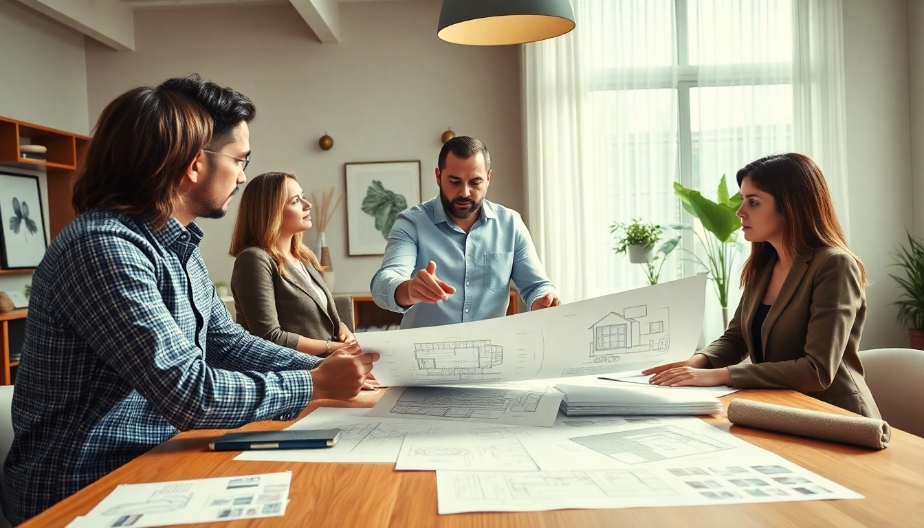 Residential architects for home renovation collaborating in a design meeting with materials spread on the table.