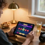 Player engaging with Nohu online casino on tablet at home, showcasing strategic gameplay and cozy atmosphere.